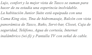 Lujo, confort y la mejor vista de Taxco se suman para hacer de su estadia una experincia inolvidable. La habitación Junior Suite está equipada con una Cama King size, Tina de hidromasaje, Balcón con vista panorámica de Taxco, Baño, Servi-bar, Closet, Caja de seguridad, Teléfono, Agua de cortesía, Internet inalámbrico (wi-fi) y Pantalla TV con señal de cable.
